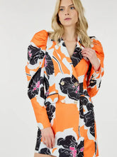 Load image into Gallery viewer, Glam Expressway's Orange puff sleeve Blazer Dress is a show stopper! This dress is orange and printed with black and white florals. This fun dress is double breasted with gold toned buttons and a pop of color for an elevated look. Wear this gorgeous and stylish dress to dinner parties and rooftops all Summer long!