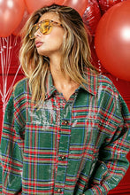 Load image into Gallery viewer, Add the finishing touches to your fall wardrobe with our Sequin Plaid Shirt. Vintage style green and red plaid button down shirt covered with clear sequins. It is festive, stylish and an upgrade of a classic design.
