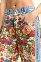 Load image into Gallery viewer, Floral tapestry panel straight-leg denim pants with vintage botanical pattern and contrast blue denim side panels.