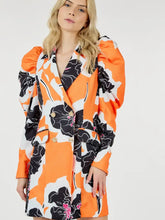 Load image into Gallery viewer, Glam Expressway's Orange puff sleeve Blazer Dress is a show stopper! This dress is orange and printed with black and white florals. This fun dress is double breasted with gold toned buttons and a pop of color for an elevated look. Wear this gorgeous and stylish dress to dinner parties and rooftops all Summer long!