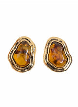 Load image into Gallery viewer, Gold statement earrings with amber resin stone and organic sculpted frame from Glam Expressway boutique.