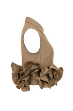 Load image into Gallery viewer, Beige sleeveless button-up blouse with dramatic oversized side ruffles, structured collar, and tailored silhouette displayed on a white background.