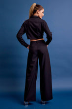 Load image into Gallery viewer, Structured black cropped cargo jacket with stretch and utility pockets. A polished, fashion-forward layer. Matching cargo pants sold separately.