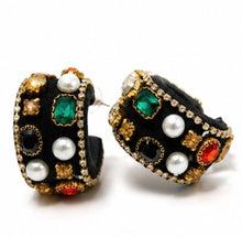 Load image into Gallery viewer, Pair of oversized velvet hoop earrings with emerald, ruby and champagne crystals framed by delicate gold detailing.