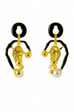 Load image into Gallery viewer, Abstract gold and black enamel statement earrings with sculptural shapes and pearl drop details, photographed on a white background.