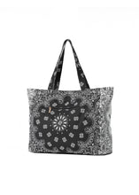 Load image into Gallery viewer, Black and white bandana print oversized tote bag featuring a bold paisley pattern, spacious interior, and double shoulder straps for everyday use.