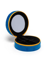 Load image into Gallery viewer, Blue velvet caviar tin jewelry case with embroidered caviar fish graphic and zipper closure, designed to store rings, earrings, necklaces, and other small accessories while traveling.