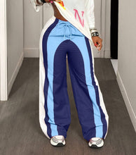 Load image into Gallery viewer, Colorblock wide leg athletic track pants with drawstring waist and retro sport stripe panels