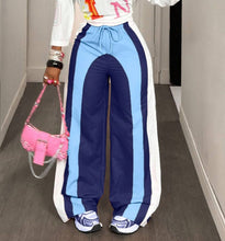 Load image into Gallery viewer, Colorblock wide leg athletic track pants with drawstring waist and retro sport stripe panels