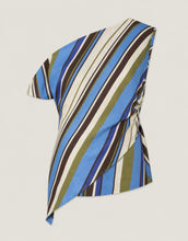 Load image into Gallery viewer, Blue and green striped one-shoulder draped top with asymmetrical design.