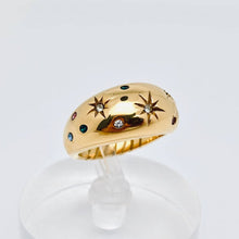 Load image into Gallery viewer, 18K gold-plated stainless steel dome ring featuring colorful cubic zirconia stones and engraved celestial starburst details.