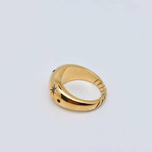 Load image into Gallery viewer, 18K gold-plated stainless steel dome ring featuring colorful cubic zirconia stones and engraved celestial starburst details.