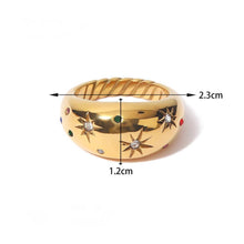 Load image into Gallery viewer, 18K gold-plated stainless steel dome ring featuring colorful cubic zirconia stones and engraved celestial starburst details.