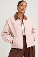 Load image into Gallery viewer, Dusty Rose Corduroy Collar Denim Jacket