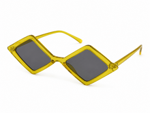 Load image into Gallery viewer, Chartreuse translucent diamond sunglasses shown from an angled side view highlighting the geometric frame.