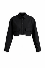 Load image into Gallery viewer, Front view of black cropped cargo jacket with collar, buttons, and cargo flap pockets