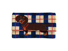 Load image into Gallery viewer, Handmade dachshund beaded clutch bag with blue checkered background and detachable crossbody chain strap.