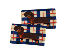Load image into Gallery viewer, Handmade dachshund beaded clutch bag with blue checkered background and detachable crossbody chain strap.