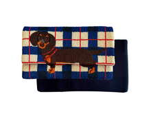 Load image into Gallery viewer, Handmade dachshund beaded clutch bag with blue checkered background and detachable crossbody chain strap