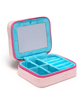 Load image into Gallery viewer, Open pink velvet travel jewelry organizer with turquoise interior, built-in mirror, ring slots and divided jewelry compartments.