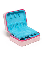 Load image into Gallery viewer, Open pink velvet travel jewelry organizer with turquoise interior, built-in mirror, ring slots and divided jewelry compartments.
