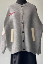 Load image into Gallery viewer, Grey varsity cardigan sweater with milk graphic and colorblock sleeves button front