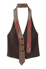 Load image into Gallery viewer, Chocolate brown tailored vest top with halter neckline and geometric print tie detail on white background.