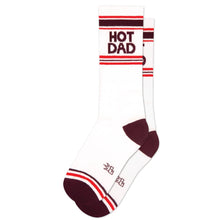 Load image into Gallery viewer, White Hot Dad gym crew socks featuring burgundy HOT DAD lettering, retro red and burgundy athletic stripes, and contrasting burgundy heels and toes, displayed on a white background.