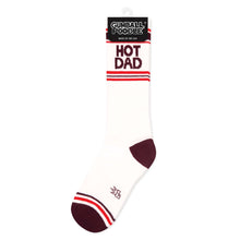 Load image into Gallery viewer, White Hot Dad gym crew socks featuring burgundy HOT DAD lettering, retro red and burgundy athletic stripes, and contrasting burgundy heels and toes, displayed on a white background.