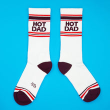 Load image into Gallery viewer, White Hot Dad gym crew socks featuring burgundy HOT DAD lettering, retro red and burgundy athletic stripes, and contrasting burgundy heels and toes.
