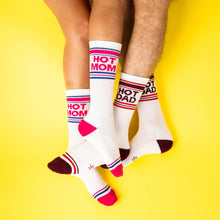 Load image into Gallery viewer, White Hot Dad gym crew socks featuring burgundy HOT DAD lettering, retro red and burgundy athletic stripes, and contrasting burgundy heels and toes.
