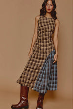 Load image into Gallery viewer, Sustainable recycled-fabric midi dress featuring contrasting brown and blue plaid panels, a sleeveless silhouette and asymmetrical draped design.