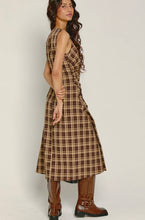 Load image into Gallery viewer, Sustainable recycled-fabric midi dress featuring contrasting brown and blue plaid panels, a sleeveless silhouette and asymmetrical draped design.