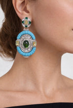 Load image into Gallery viewer, Turquoise statement drop earrings with crystal and emerald jewel accents from Glam Expressway boutique.
