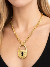 Load image into Gallery viewer, Gold statement chain necklace featuring vintage lock pendant from Glam Expressway boutique.