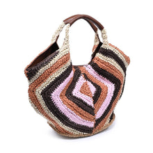 Load image into Gallery viewer, Crocheted handbag with geometric pattern on a white background