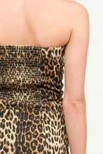 Load image into Gallery viewer, Turn heads in the fierce and fabulous Leopard Printed Corset Midi Dress! Designed with a sleek corset-style bodice and a wild leopard print, this dress hugs your curves in all the right places. The midi length adds a touch of elegance, making it perfect for date nights, parties, or any occasion that calls for a bold statement. For best care, hand wash cold, do not bleach, and line dry. Get ready to unleash your wild side!