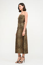 Load image into Gallery viewer, Turn heads in the fierce and fabulous Leopard Printed Corset Midi Dress! Designed with a sleek corset-style bodice and a wild leopard print, this dress hugs your curves in all the right places. The midi length adds a touch of elegance, making it perfect for date nights, parties, or any occasion that calls for a bold statement. For best care, hand wash cold, do not bleach, and line dry. Get ready to unleash your wild side!