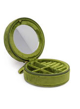 Load image into Gallery viewer, Round olive green velvet jewelry travel case with embroidered pink martini glass, zip-around closure, built-in mirror, ring rolls, and compartments for storing rings, earrings, necklaces, and bracelets.