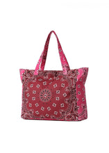 Load image into Gallery viewer, Berry pink oversized tote bag featuring an allover bandana print design with sturdy shoulder straps and a spacious open interior, displayed on a white background.