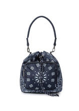 Load image into Gallery viewer, Navy blue bandana print convertible bucket bag with drawstring closure and adjustable straps that can be worn as a backpack, shoulder bag, or crossbody bag.