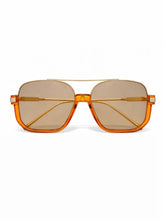 Load image into Gallery viewer, Oversized square aviator sunglasses with translucent orange frame and gold metal bridge with tinted lenses.