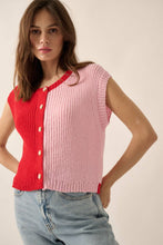 Load image into Gallery viewer, Woman wearing a red and pink ribbed knit cardigan on a plain background
