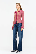 Load image into Gallery viewer, Woman wearing a Glam Expressway pink jtextured cardigan sweater and blue jeans on a white background