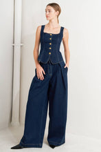 Load image into Gallery viewer, Wide Leg Pleated Denim Pants with Structured Waistband.