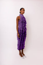 Load image into Gallery viewer, Purple high-neck midi dress with textured ruffles and fitted silhouette worn by model.