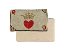 Load image into Gallery viewer, Fabric pouch with red heart and gold crown beaded design on a beige background fold-over clutch bag