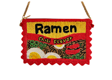 Load image into Gallery viewer, Beaded purse with 'Ramen Chili Flavor' design on a white background