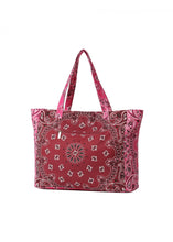 Load image into Gallery viewer, Berry pink oversized tote bag featuring an allover bandana print design with sturdy shoulder straps and a spacious open interior, displayed on a white background.