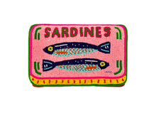 Load image into Gallery viewer, Handmade Sardines beaded clutch bag with detachable chain strap. A colorful statement purse and playful novelty accessory for parties, gifts, and standout looks.